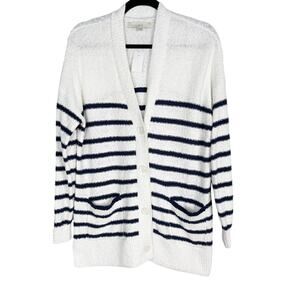 New LOFT S White Navy Blue Striped V Neck Pocket Long Cardigan Sweater Cotton